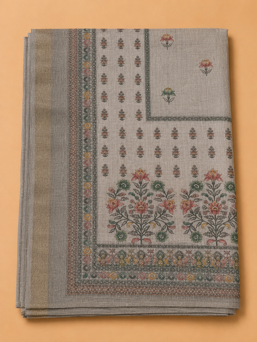 Beige Linen Blend Embroidered Unstitched Dress Material