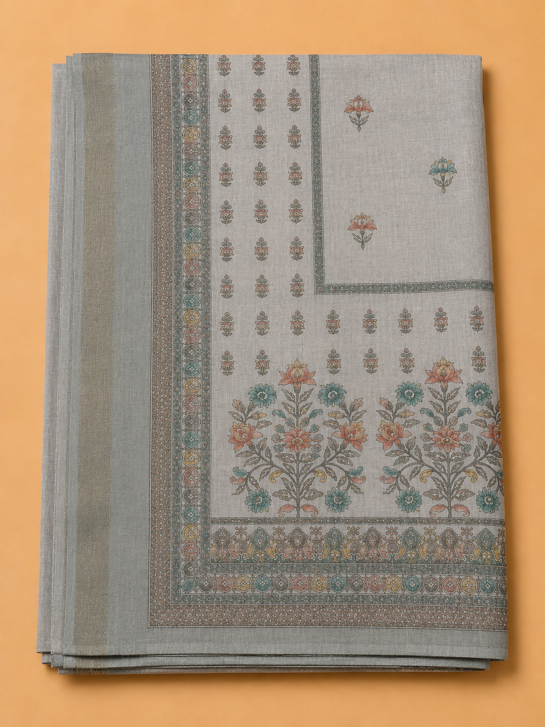 Grey Linen Blend Embroidered Unstitched Dress Material