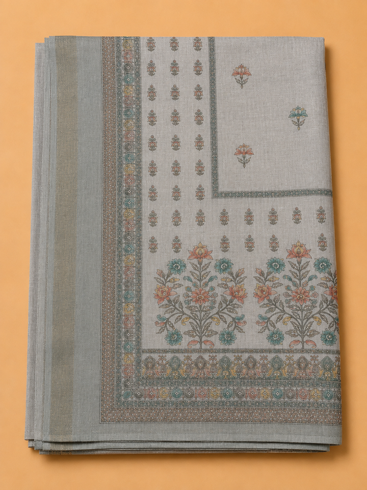Grey Linen Blend Embroidered Unstitched Dress Material
