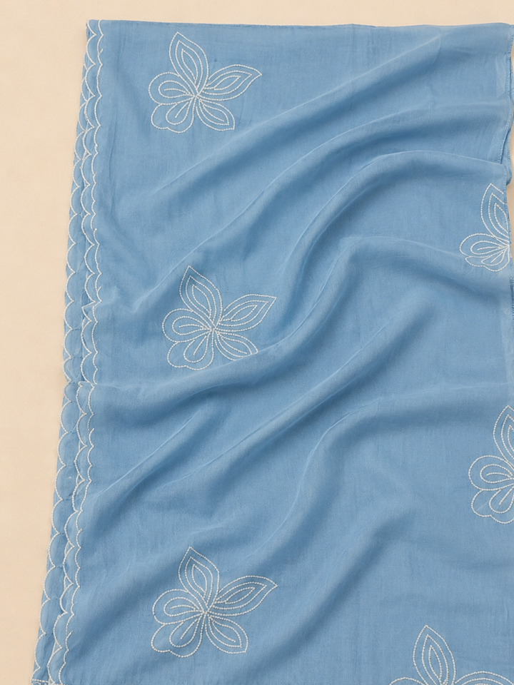 Blue Chanderi Embroidered Unstitched Dress Material