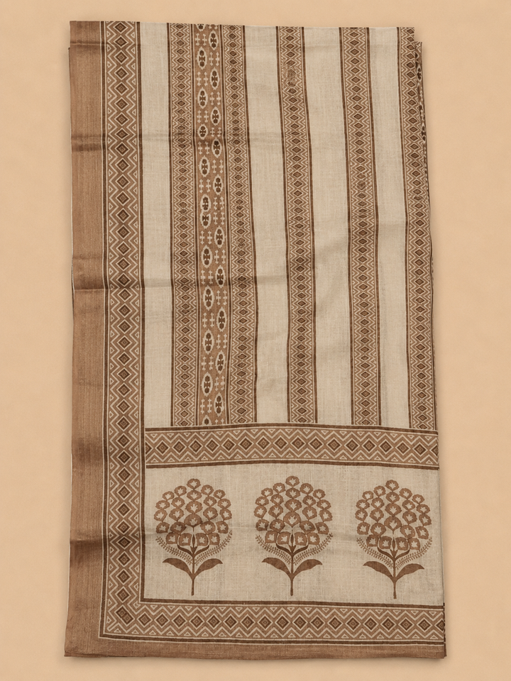 Beige Linen Blend Printed Unstitched Dress Material