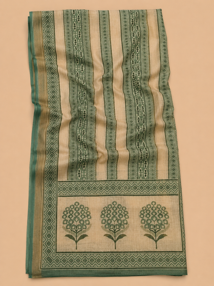 Green Linen Blend Printed Unstitched Dress Material