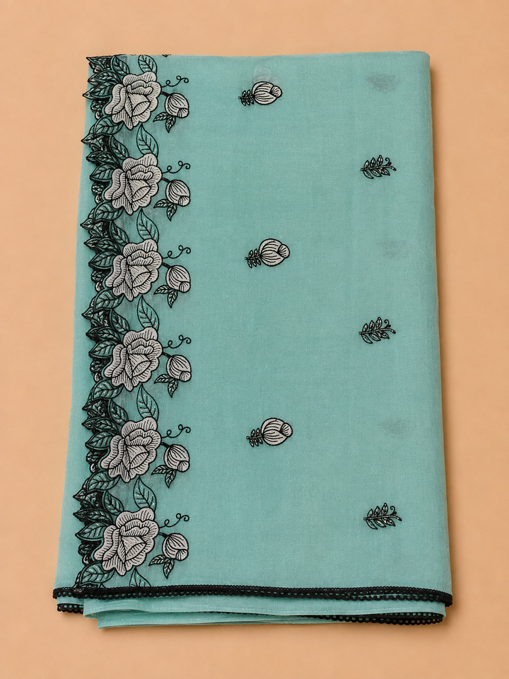Sky Blue Chanderi Embroidered Unstitched Dress Material