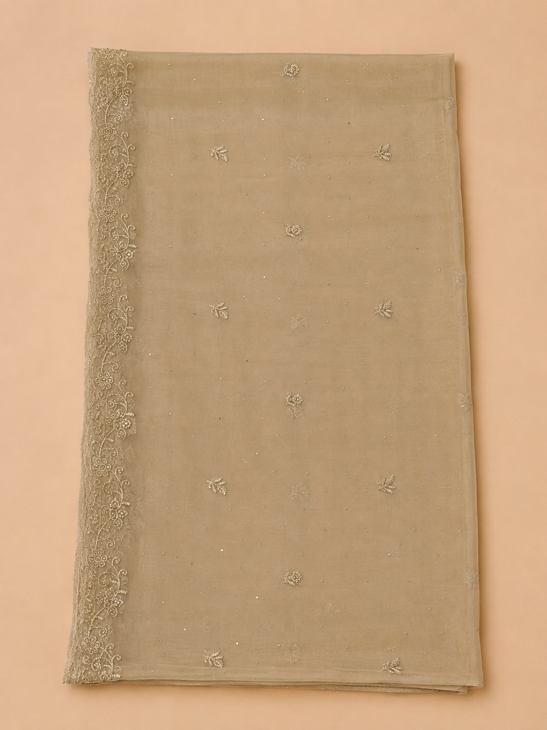 Beige Tissue Embroidered Unstitched Dress Material