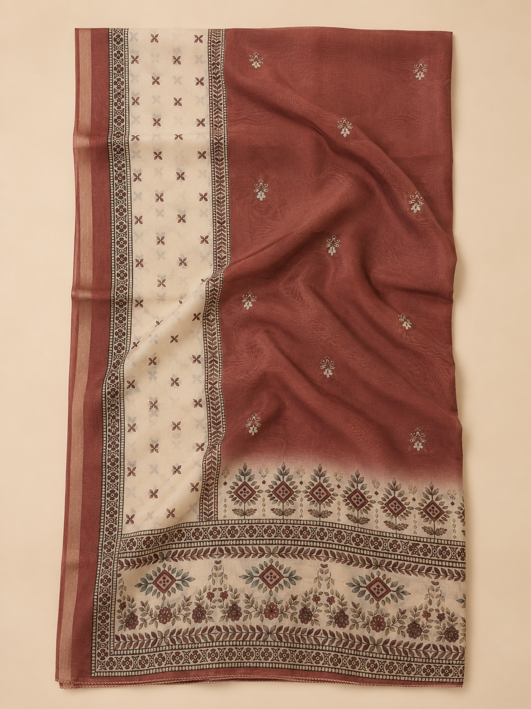 Rust Linen Blend Printed Unstitched Dress Material
