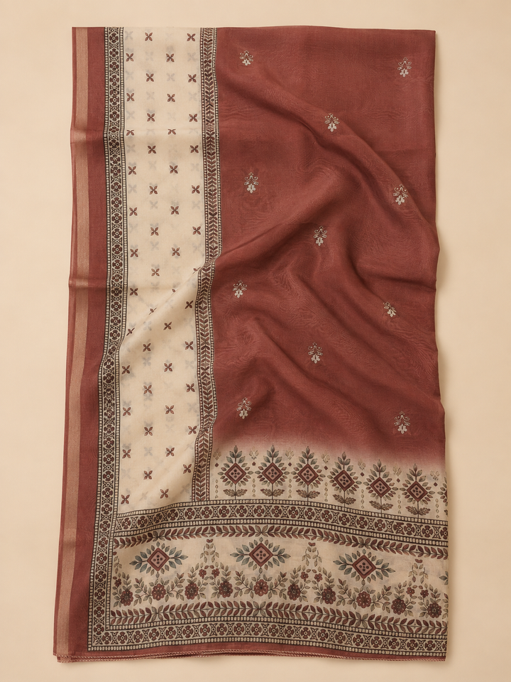 Rust Linen Blend Printed Unstitched Dress Material