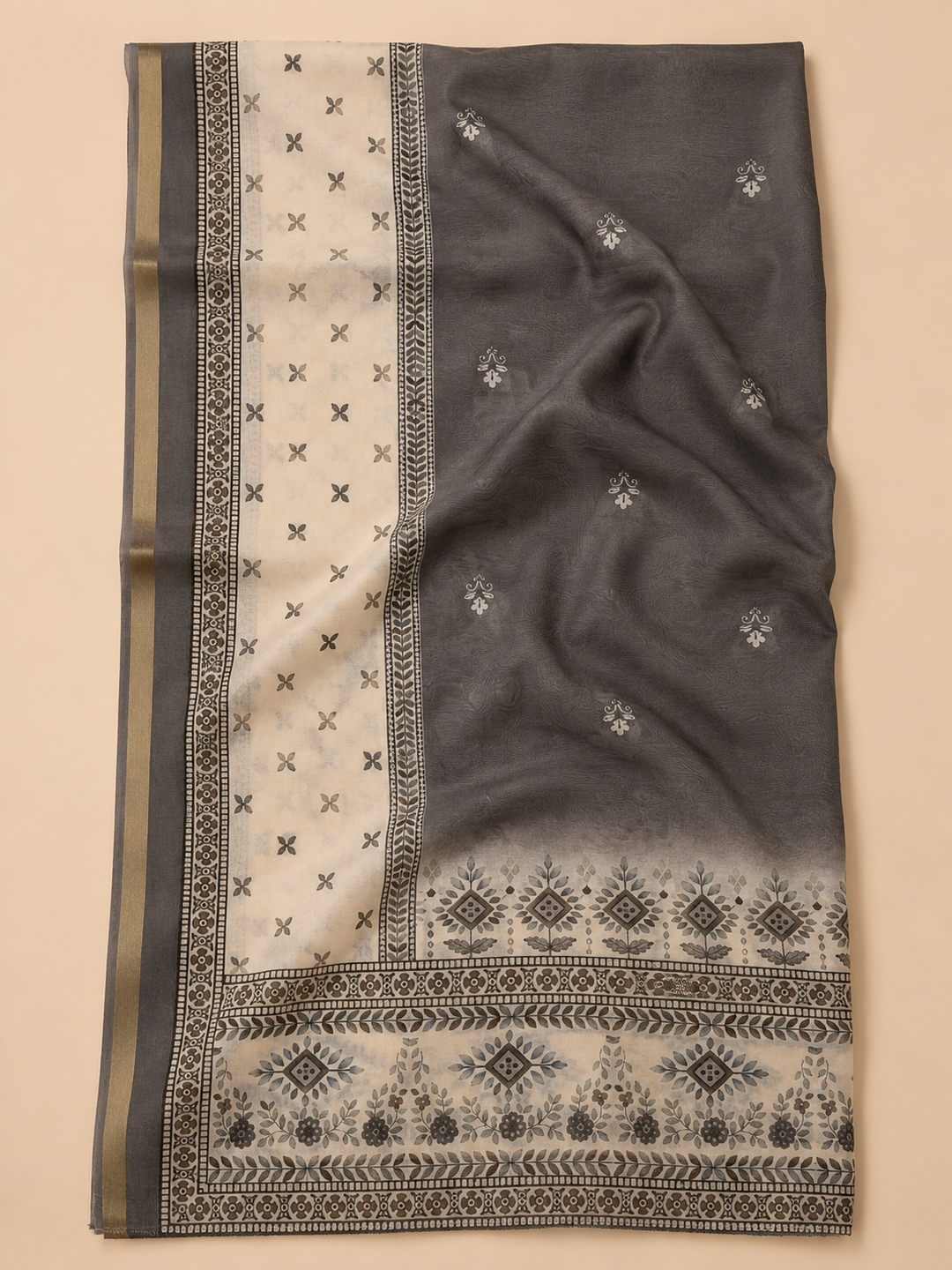 Grey Linen Blend Printed Unstitched Dress Material