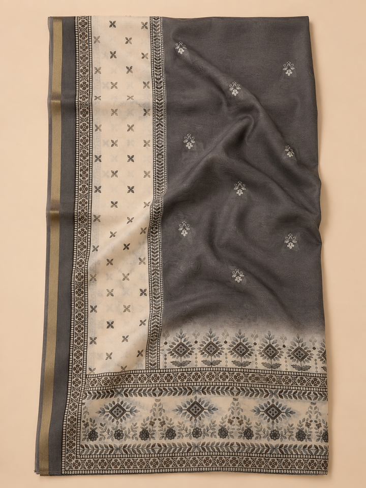 Grey Linen Blend Printed Unstitched Dress Material