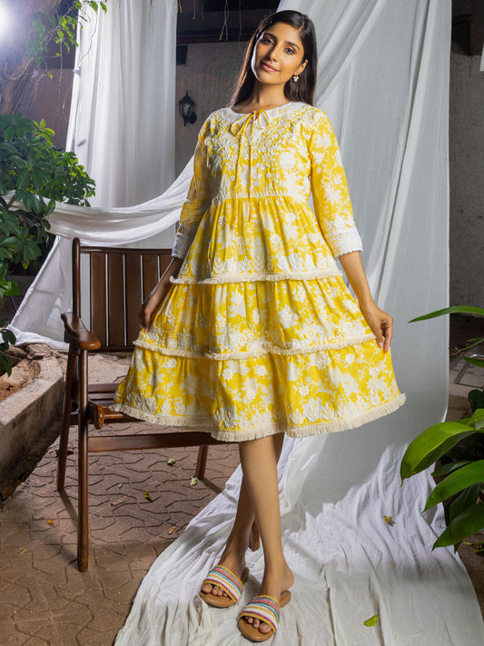Floral Printed & Embroidered Cotton Dress