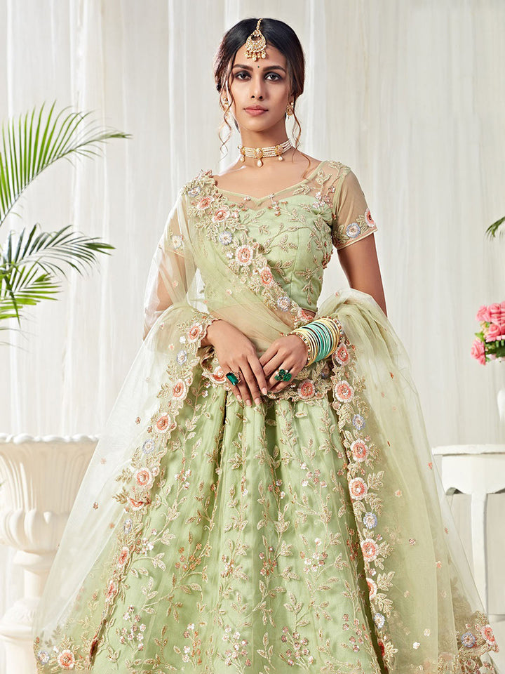 Embroidered Net Unstitched Choli With Lehenga &amp; Dupatta
