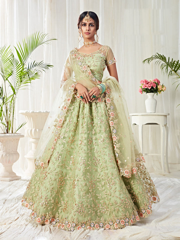 Embroidered Net Unstitched Choli With Lehenga &amp; Dupatta