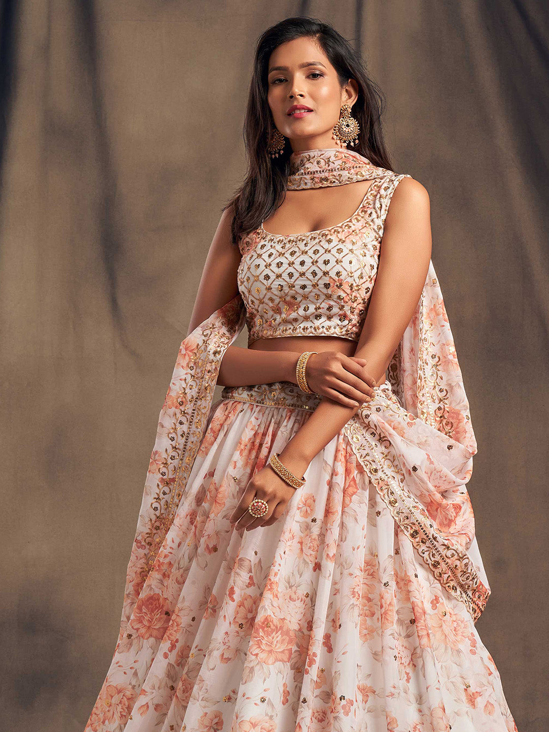Printed Organza Unstitched Choli With Lehenga &amp; Dupatta