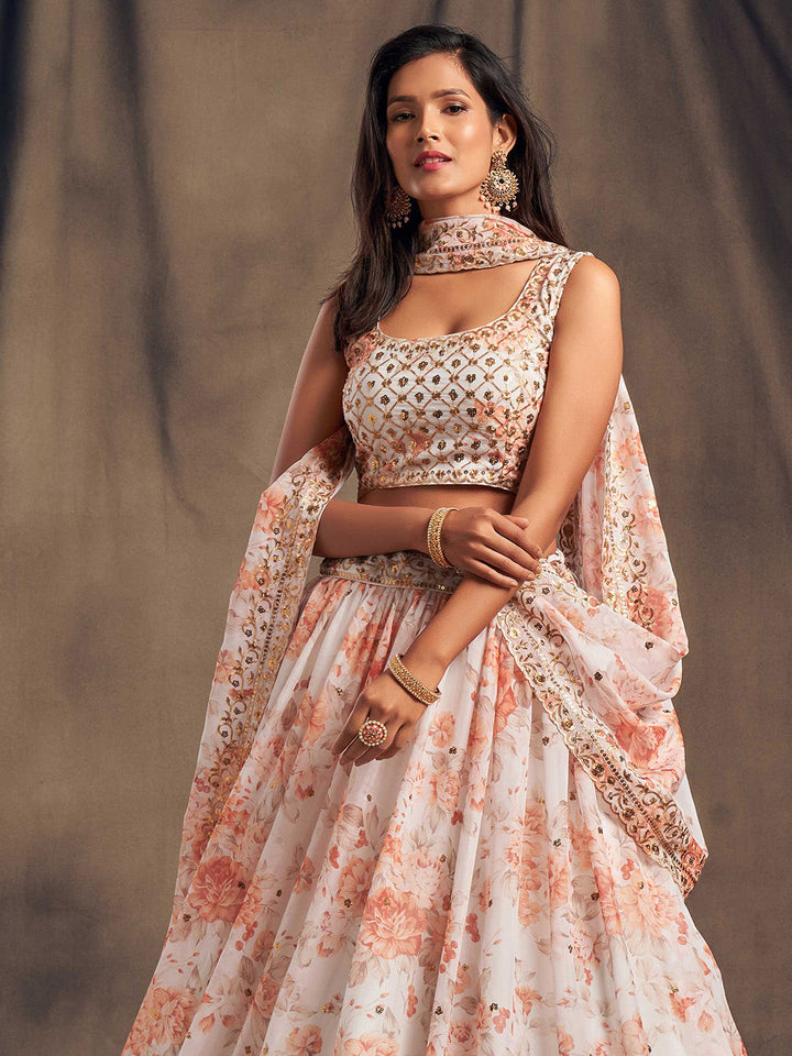 Printed Organza Unstitched Choli With Lehenga &amp; Dupatta