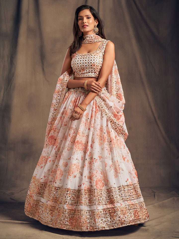 Printed Organza Unstitched Choli With Lehenga &amp; Dupatta