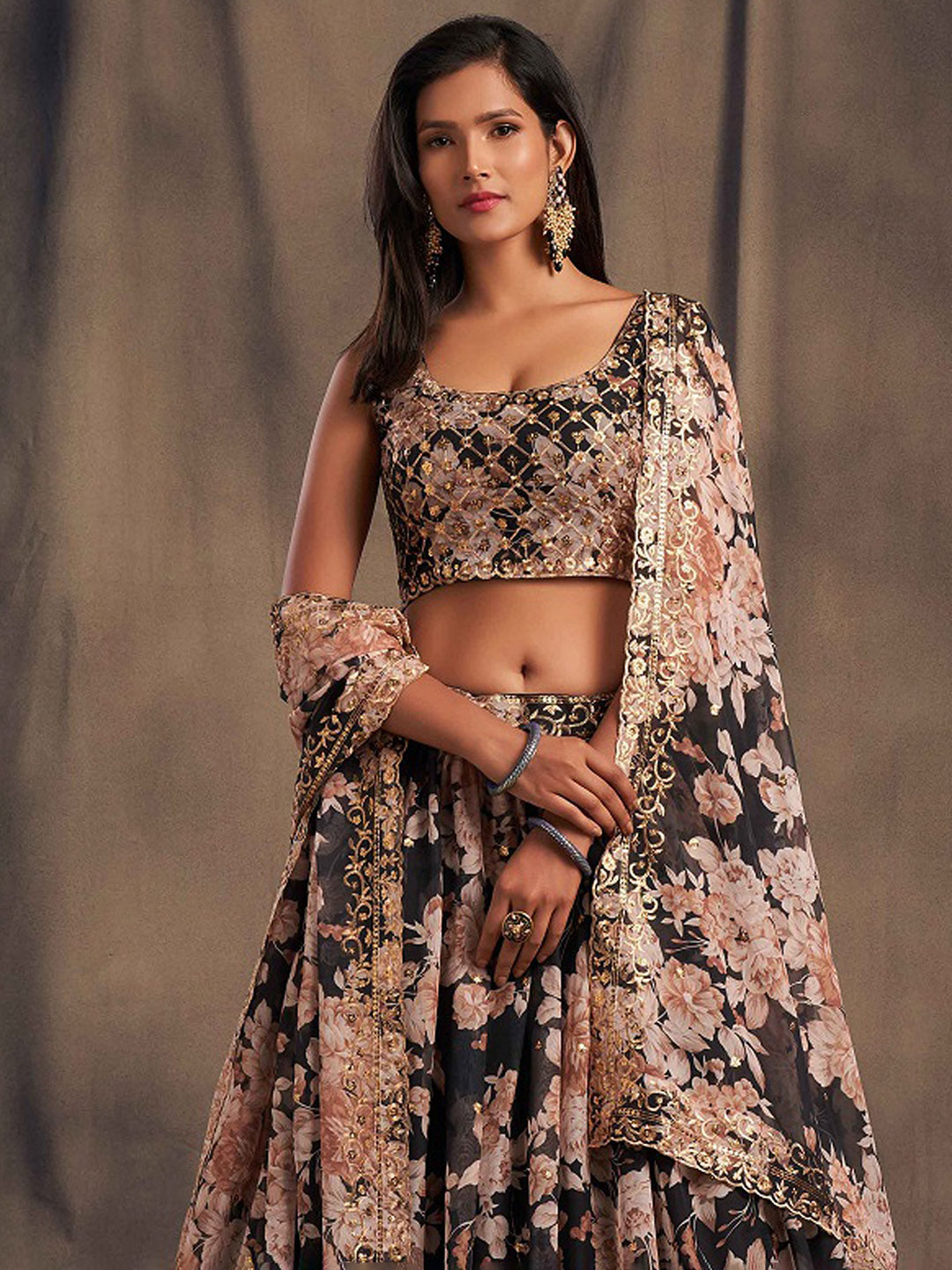 Printed Organza Unstitched Choli With Lehenga &amp; Dupatta