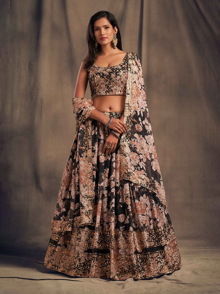 Printed Organza Unstitched Choli With Lehenga &amp; Dupatta