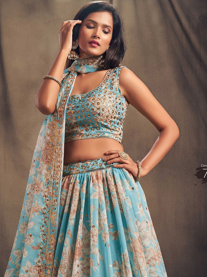 Printed Organza Unstitched Choli With Lehenga &amp; Dupatta