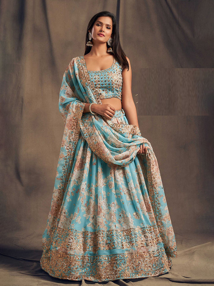 Printed Organza Unstitched Choli With Lehenga &amp; Dupatta