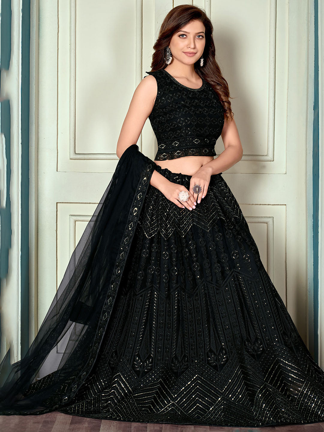 Embroidered Net Unstitched Choli With Lehenga &amp; Dupatta