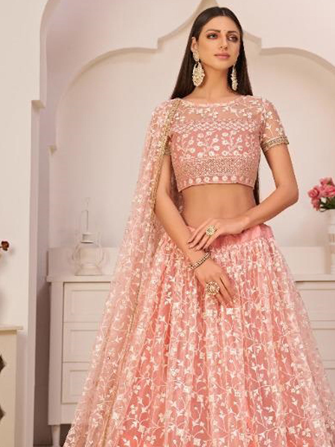 Embroidered Net Unstitched Choli With Lehenga &amp; Dupatta