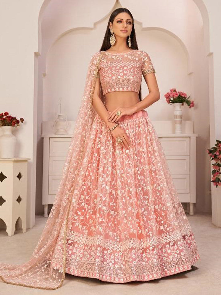 Embroidered Net Unstitched Choli With Lehenga &amp; Dupatta