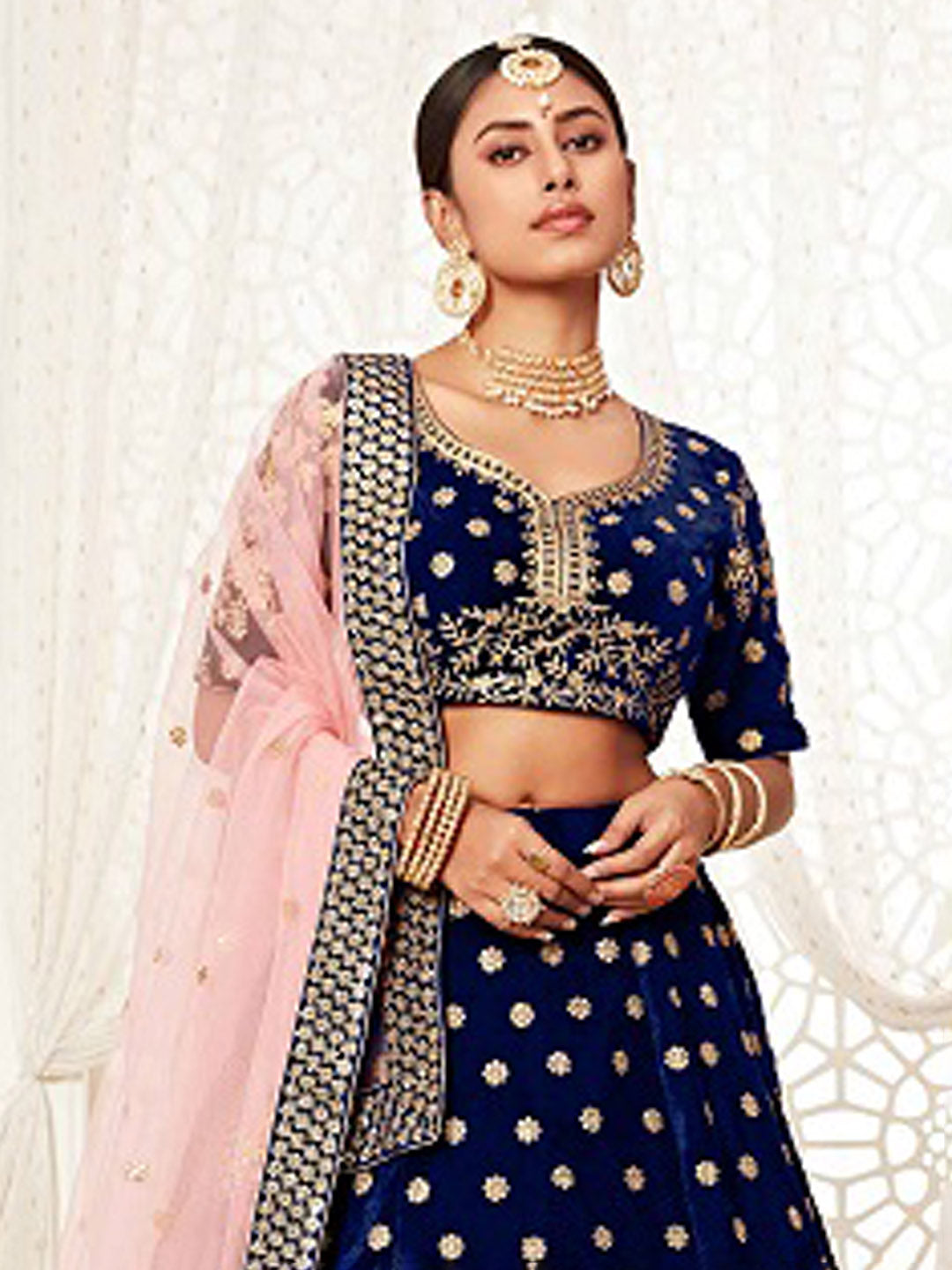 Embroidered Velvet Unstitched Choli With Lehenga &amp; Dupatta