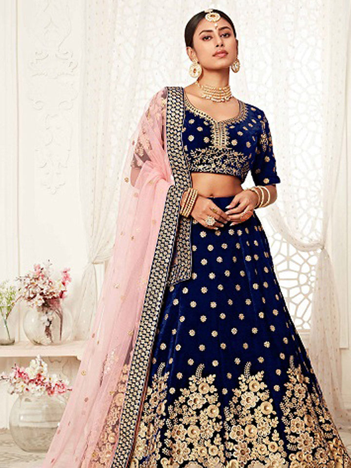 Embroidered Velvet Unstitched Choli With Lehenga &amp; Dupatta
