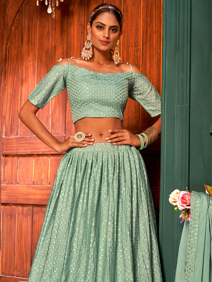 Embroidered Chinon Unstitched Choli With Lehenga &amp; Dupatta
