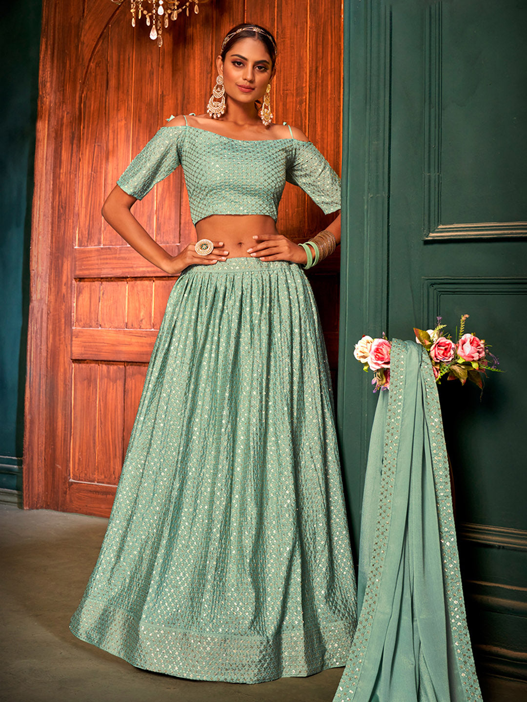 Embroidered Chinon Unstitched Choli With Lehenga &amp; Dupatta