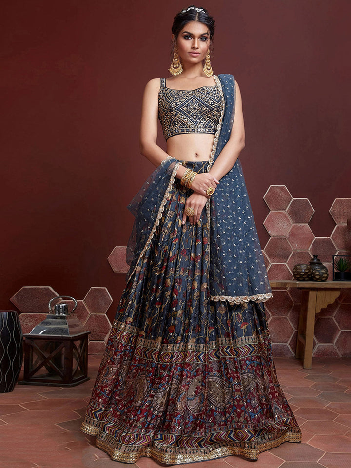 Embroidered Art Slik Unstitched Choli With Lehenga &amp; Dupatta