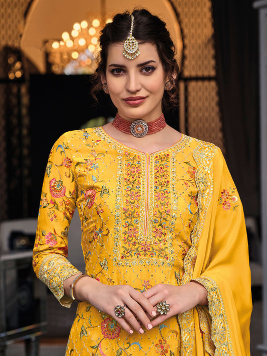 Zari Embroidery Chinnon Semi Stitched Suit