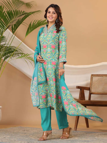 Floral Printed Muslin Kurta With Pants & Dupatta - Meena Bazaar