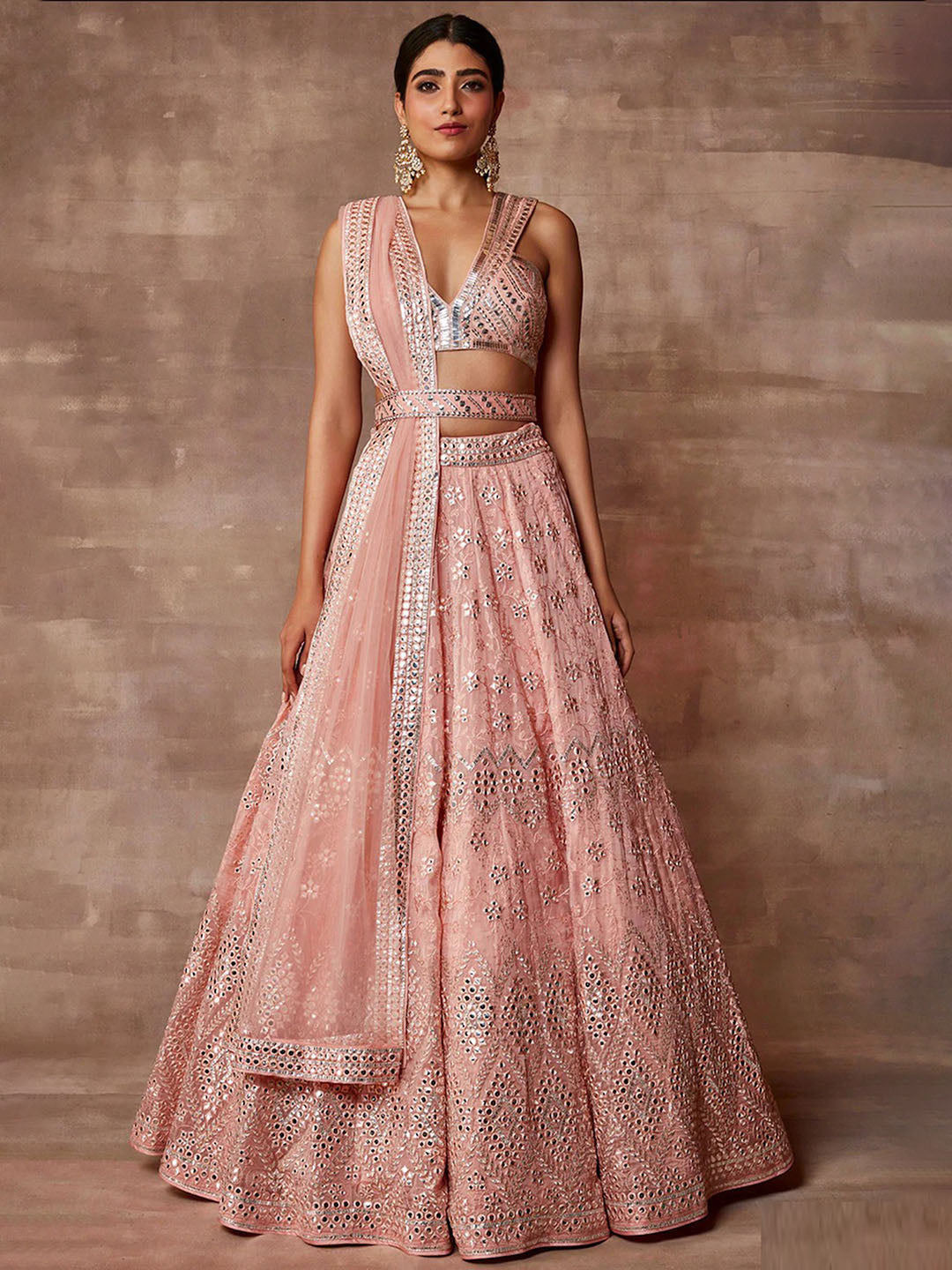 Embroidered Organza Unstitched Choli With Lehenga &amp; Dupatta