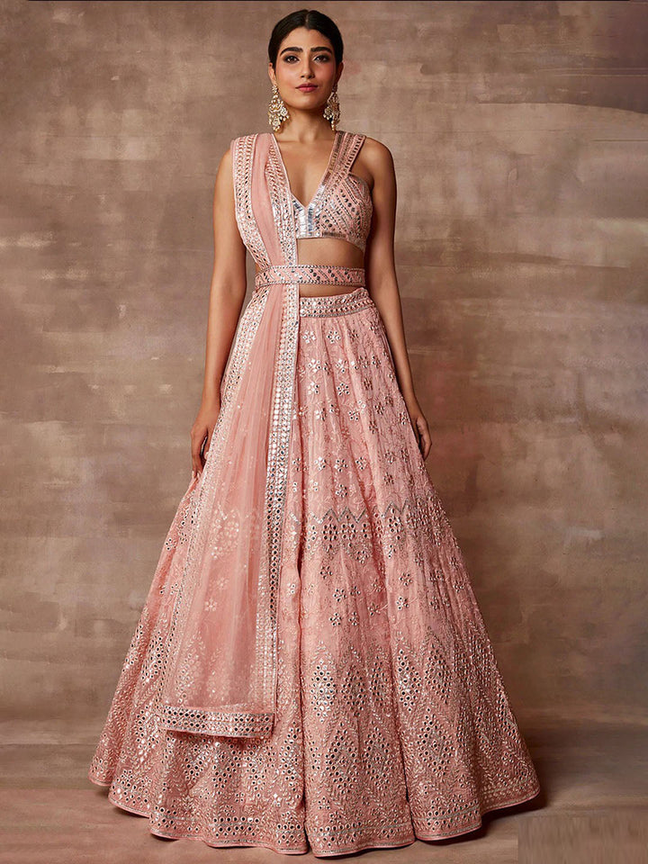 Embroidered Organza Unstitched Choli With Lehenga &amp; Dupatta