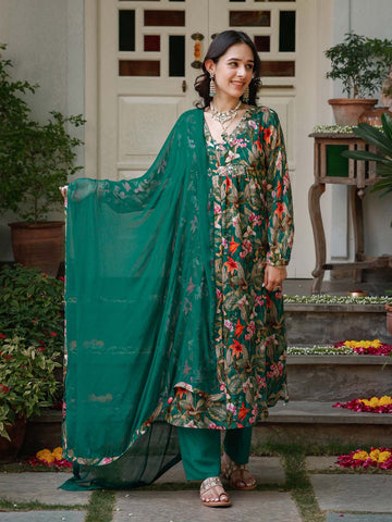 Floral Printed Cotton Kurta With Pants & Dupatta