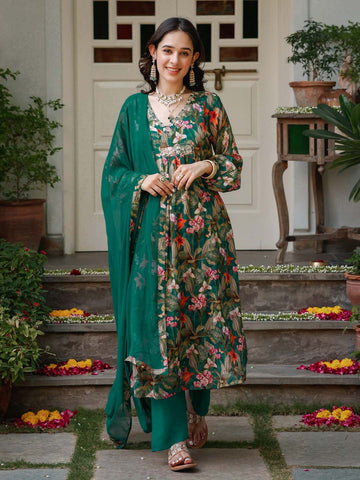 Floral Printed Cotton Kurta With Pants & Dupatta