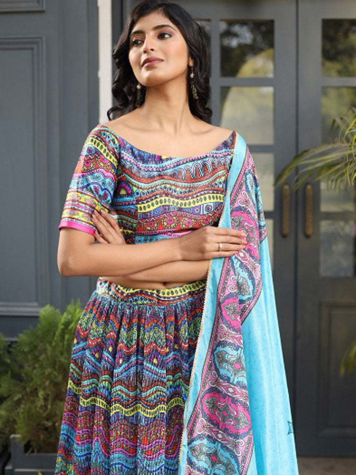Printed Satin Unstitched Choli With Lehenga &amp; Dupatta