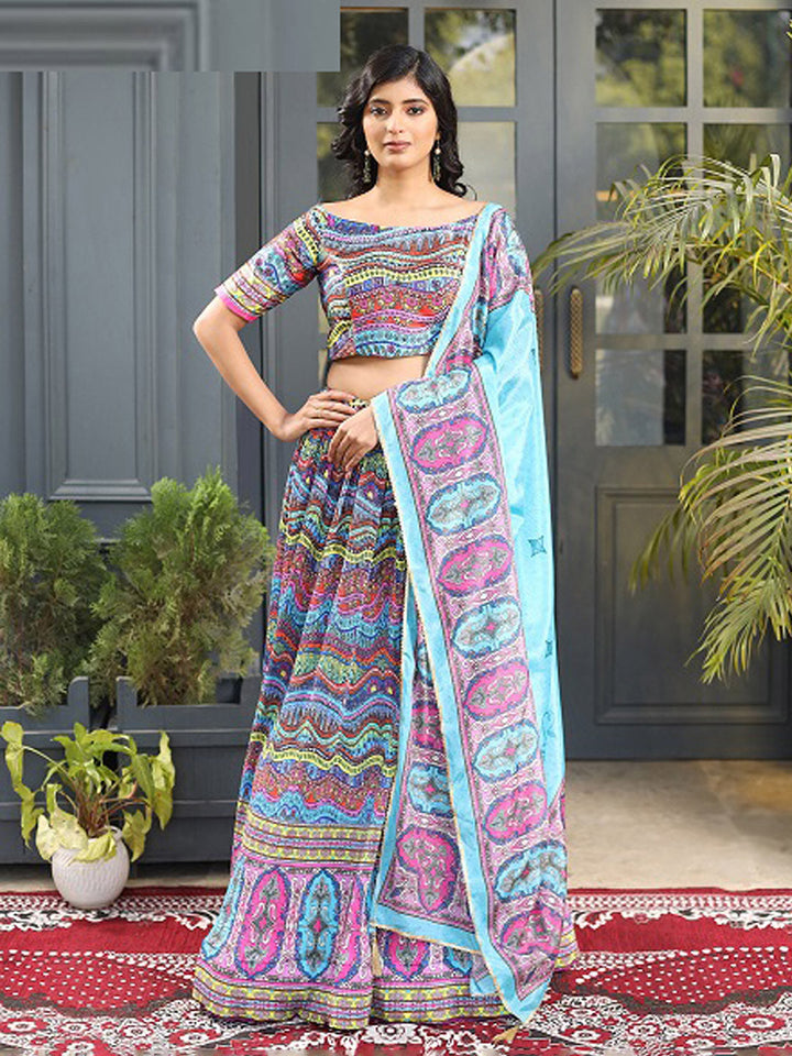 Printed Satin Unstitched Choli With Lehenga &amp; Dupatta