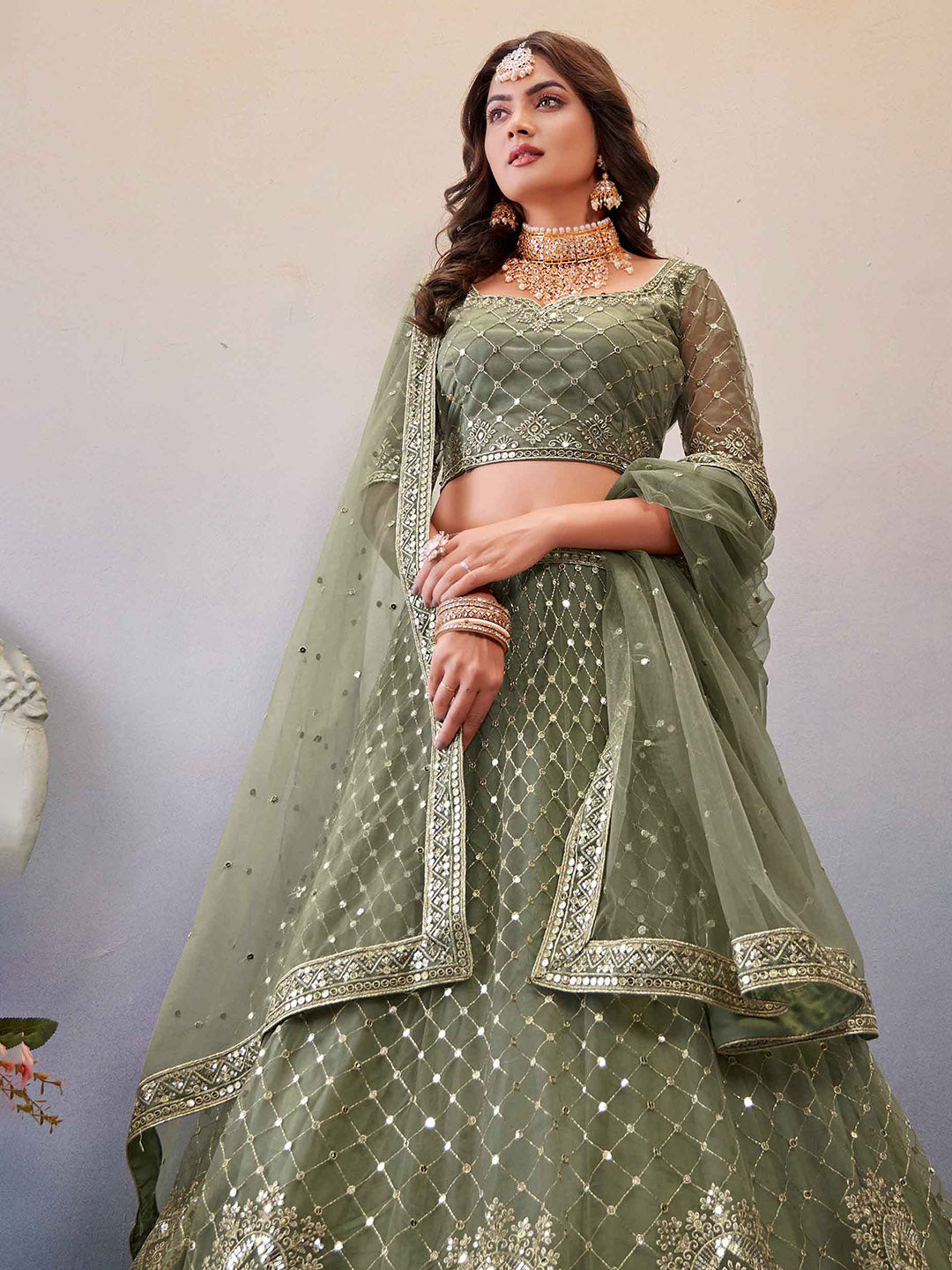 Embroidered Net Unstitched Choli With Lehenga &amp; Dupatta
