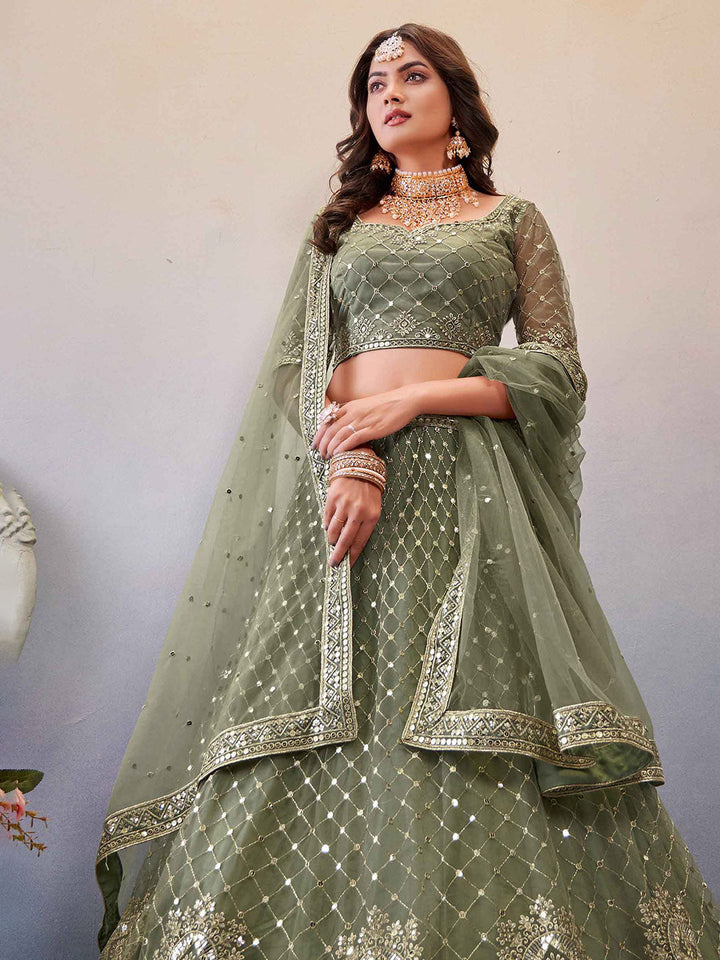 Embroidered Net Unstitched Choli With Lehenga &amp; Dupatta