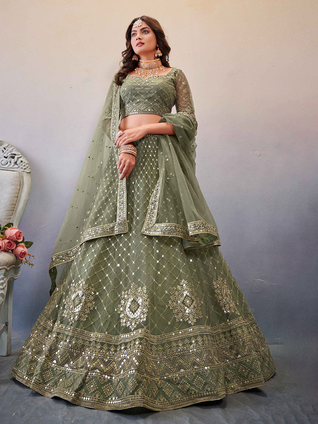 Embroidered Net Unstitched Choli With Lehenga &amp; Dupatta