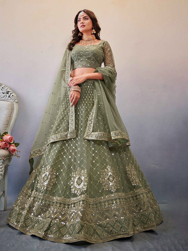 Embroidered Net Unstitched Choli With Lehenga &amp; Dupatta