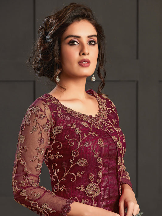 Zari Resham Sequins Work Net Semi Stitched Suit