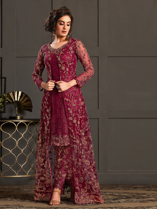 Zari Resham Sequins Work Net Semi Stitched Suit