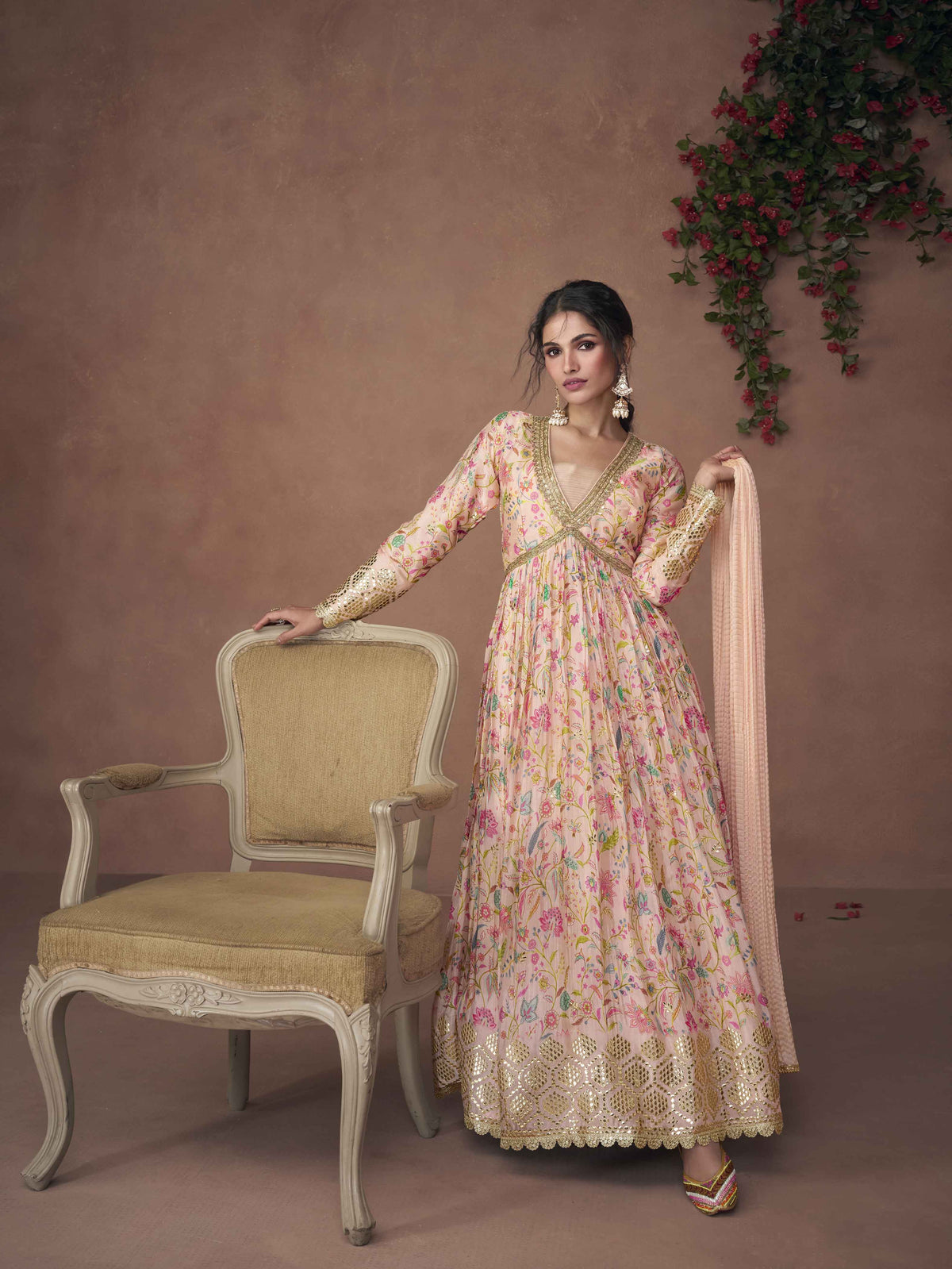 Floral Printed Art Silk Suit Set With Dupatta & Churidar