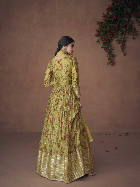Floral Printed Organza Suit Set With Dupatta & Churidar