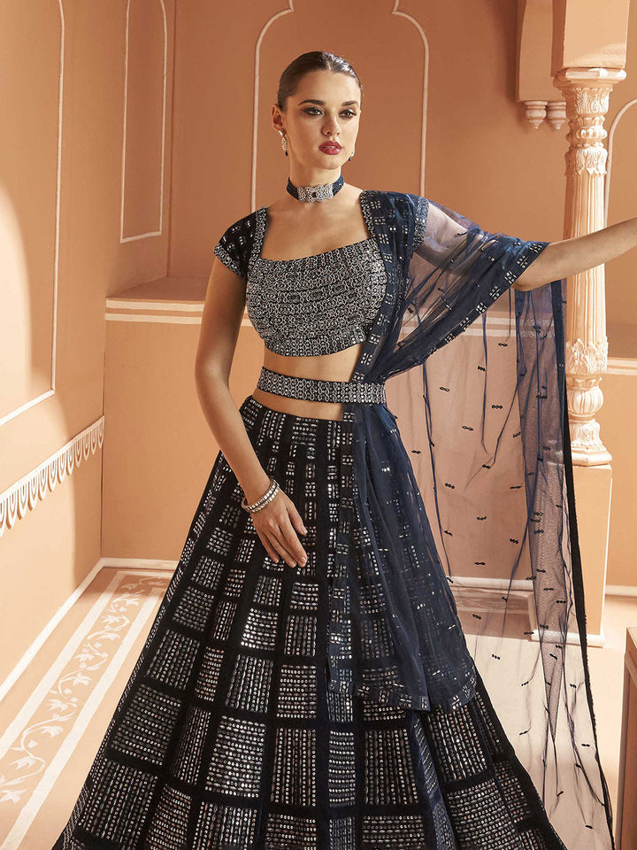 Embelished Velvet Unstitched Choli With Lehenga &amp; Dupatta