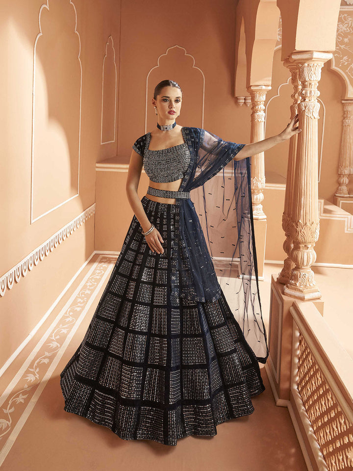 Embelished Velvet Unstitched Choli With Lehenga &amp; Dupatta