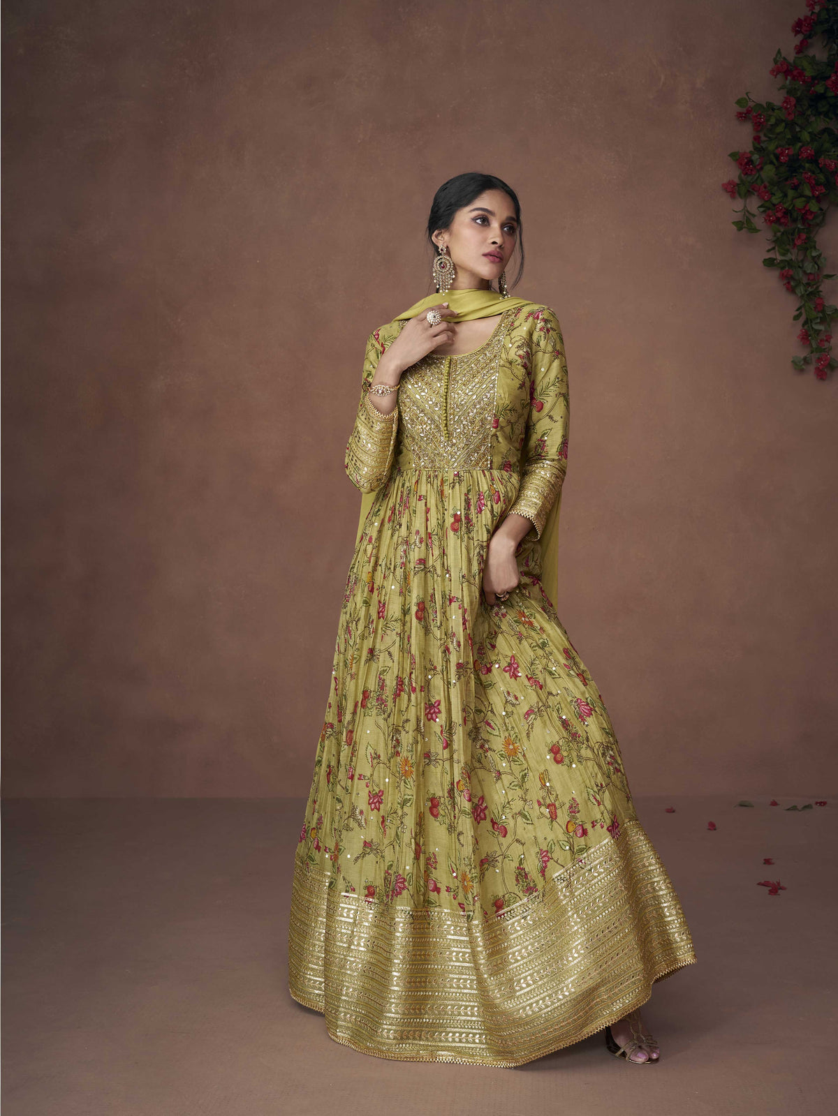 Floral Printed Art Silk Suit Set With Dupatta & Churidar