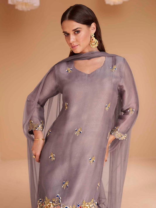 Embroidery Organza Kurta With Palazzo And Dupatta